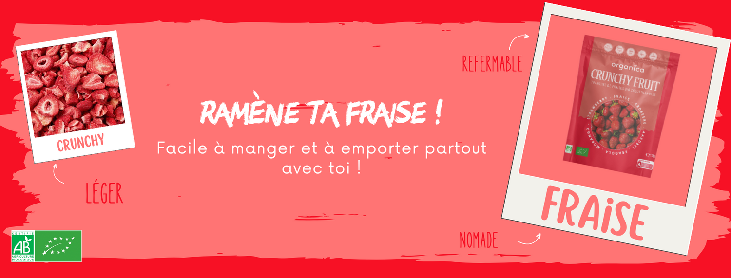 Éclats de CRUNCHY FRUIT Fraise biologiques lyophilisés, disposés dans une petite assiette en céramique. Ces fraises croquantes et naturellement sucrées, sans sucres ajoutés, conservent toute leur saveur fruitée et acidulée. Idéales pour une collation saine, ou à ajouter aux céréales, yaourts et desserts. Chaque bouchée offre une explosion de fraîcheur et de douceur.