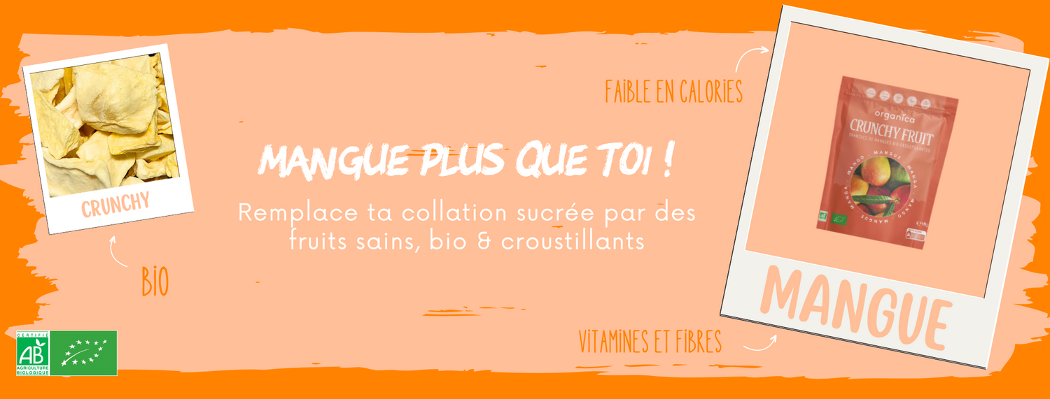 Tranches de CRUNCHY FRUIT Mangue biologiques lyophilisées, présentées dans un bol en bois. Ces morceaux de mangue croquants et naturellement sucrés sont riches en vitamines et sans sucres ajoutés. Parfaites pour une collation exotique et saine, ou à ajouter dans les smoothies, céréales et desserts. Une explosion de saveurs tropicales dans chaque bouchée.