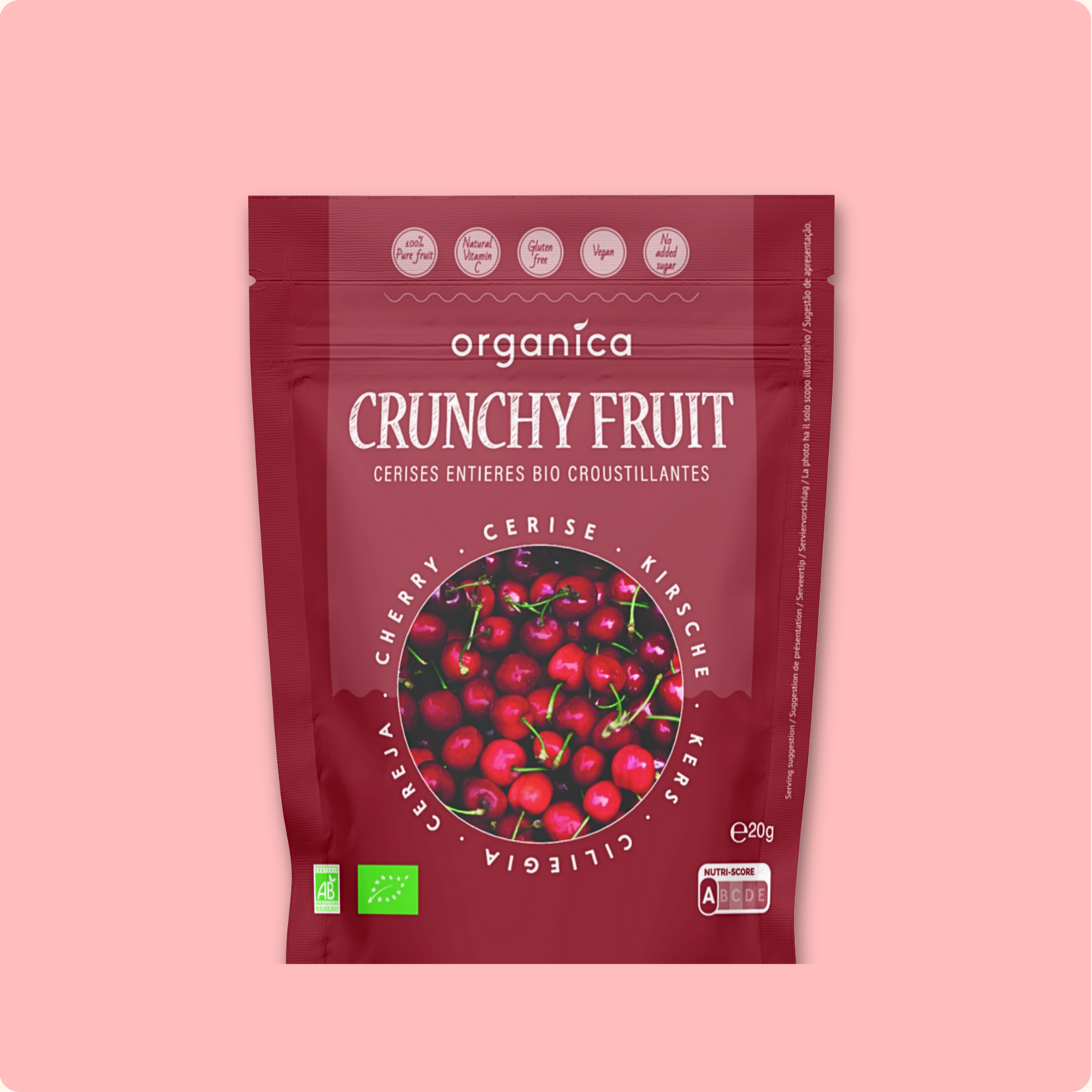 Fruits lyophilisés à la cerise de Organica Food. Bio, saines et croustillantes, elles sont un atout parfait pour vos snacks.