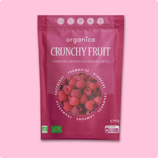 Fruits lyophilisés/ fruits déshydratés à la framboise format family de Organica Food. Fruits d'Europe, expédition en France, Belgique, Suisse, Europe. Bio, sains et croustillants, ces fruits rouges sont un atout parfait pour vos snacks.