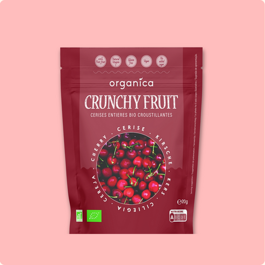 Fruits lyophilisés/ fruits déshydratés à la cerise de Organica Food. Fruits d'Europe, expédition en France, Belgique, Suisse, Europe. Bio, sains et croustillants, ces fruits rouges sont un atout parfait pour vos snacks.