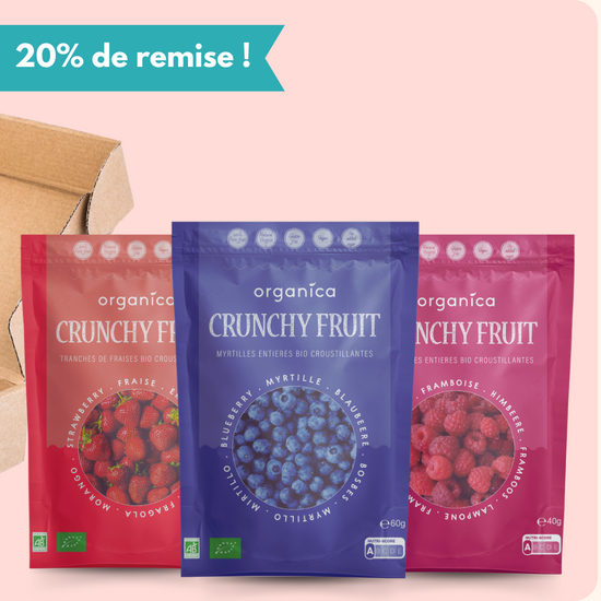 Pack de fruits lyophilisés bio grands formats de la marque Organica Food. Fruits déshydratés 100% pur fruits, croustillants et sans sucres ajoutés. Vendus en Europe, France, Suisse, Belgique