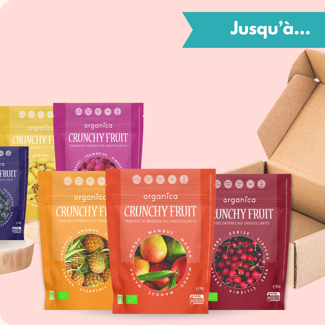 Pack de fruits bio lyophilisés Organica Food, parfait pour un encas sain, gourmand et croustillant.