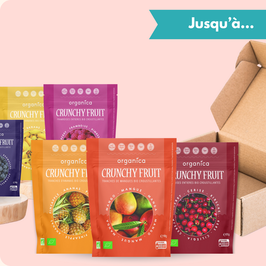 Pack de fruits bio lyophilisés Organica Food, parfait pour un encas sain, gourmand et croustillant.